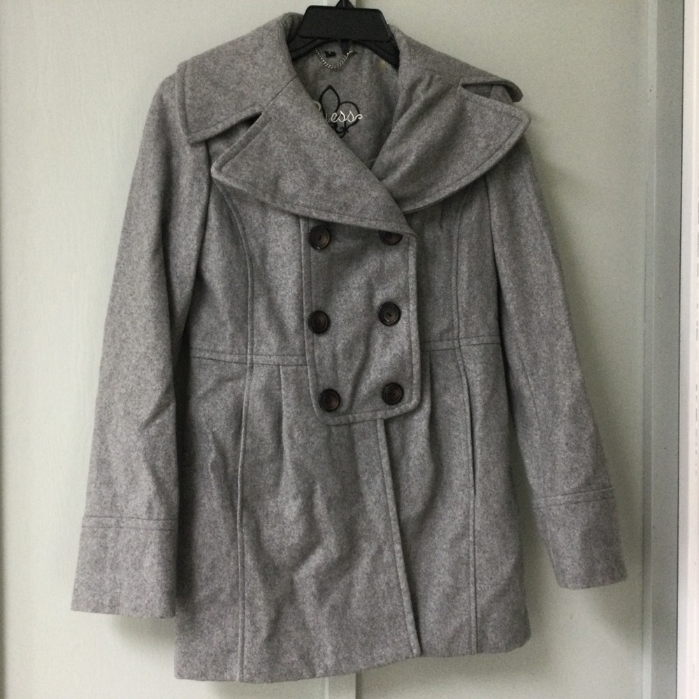 Guess Womens Small Gray Wool Blend Mid-Length Coat Jacket Double Button.